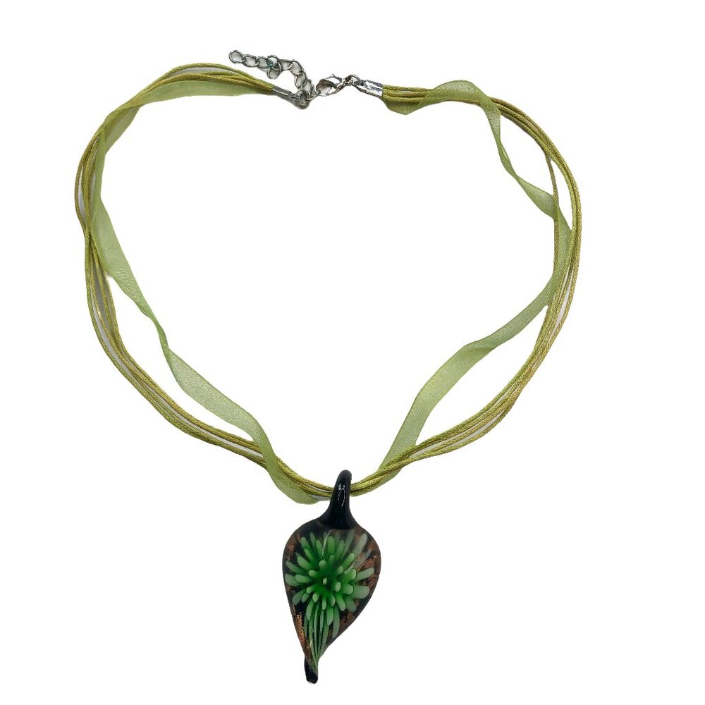 Murano Style Reverse Teardrop Glass Green Floral Pendant Necklace